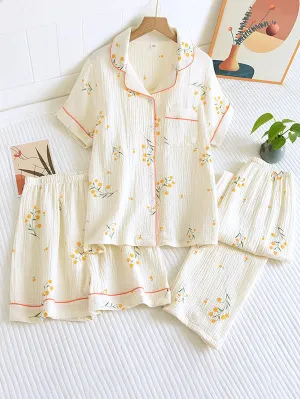 2Pcs/3Pcs Short Sleeve Floral Pajamas