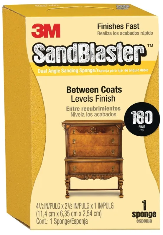 3M SandBlaster 9564 Sanding Sponge, 4-1/2 in L, 2-1/2 in W, 180 Grit, Fine, Aluminum Oxide Abrasive :EA: QUANTITY: 1