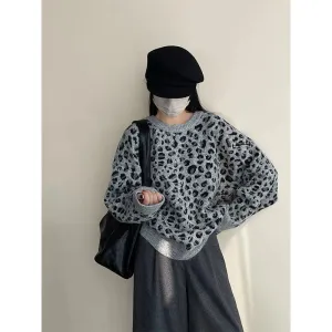 Amozae-Autumn Casual Outfits Amozae-Leopard Print Pullover Sweater Casual Loose Women Autumn Winter Knit Pullovers