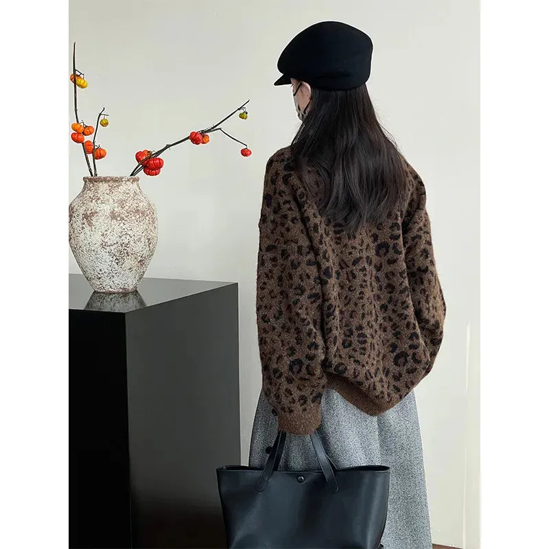 Amozae-Autumn Casual Outfits Amozae-Leopard Print Pullover Sweater Casual Loose Women Autumn Winter Knit Pullovers