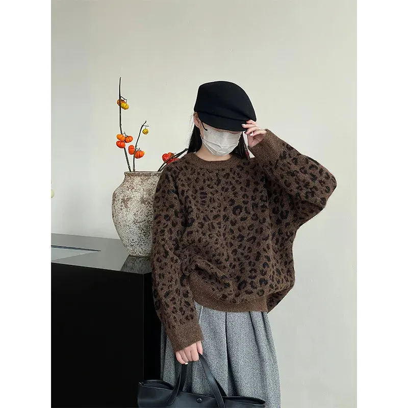 Amozae-Autumn Casual Outfits Amozae-Leopard Print Pullover Sweater Casual Loose Women Autumn Winter Knit Pullovers