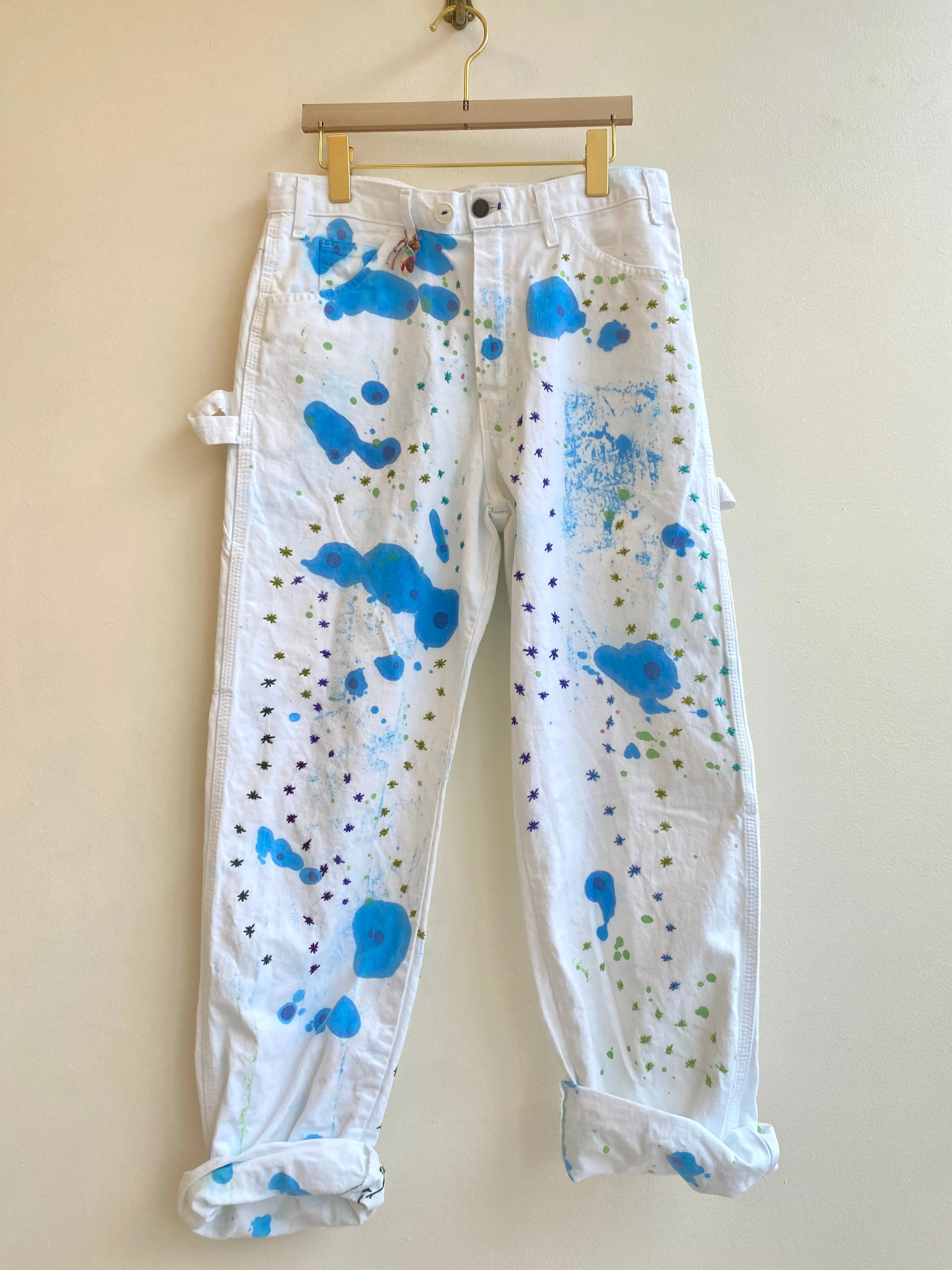 Blue, Green, Turquoise Star Embroidered Blue Lava Lamp Inspired Dyed Pants w/ Cracker Jack Charm (Reworked)