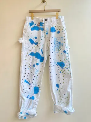 Blue, Green, Turquoise Star Embroidered Blue Lava Lamp Inspired Dyed Pants w/ Cracker Jack Charm (Reworked)