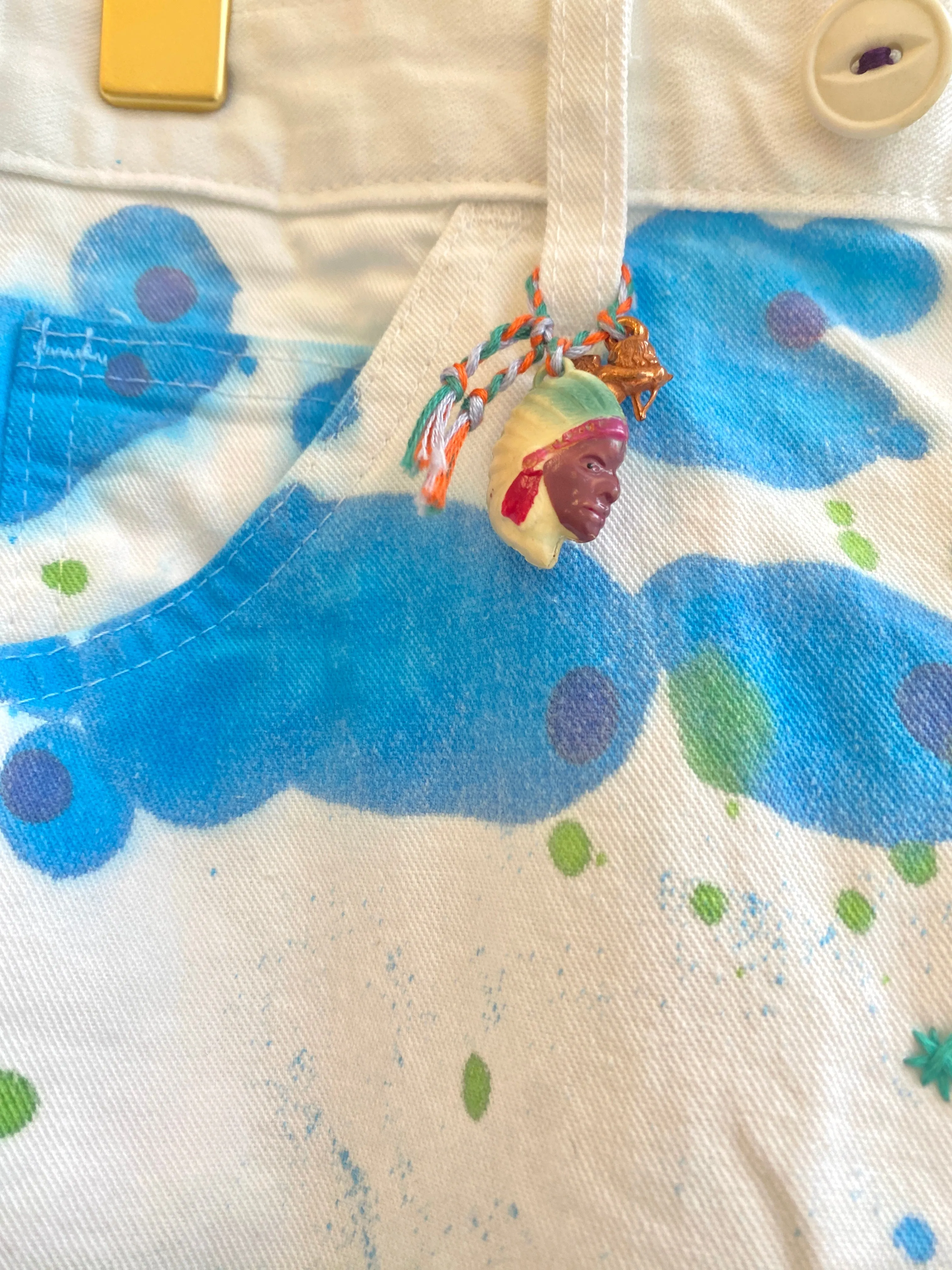 Blue, Green, Turquoise Star Embroidered Blue Lava Lamp Inspired Dyed Pants w/ Cracker Jack Charm (Reworked)