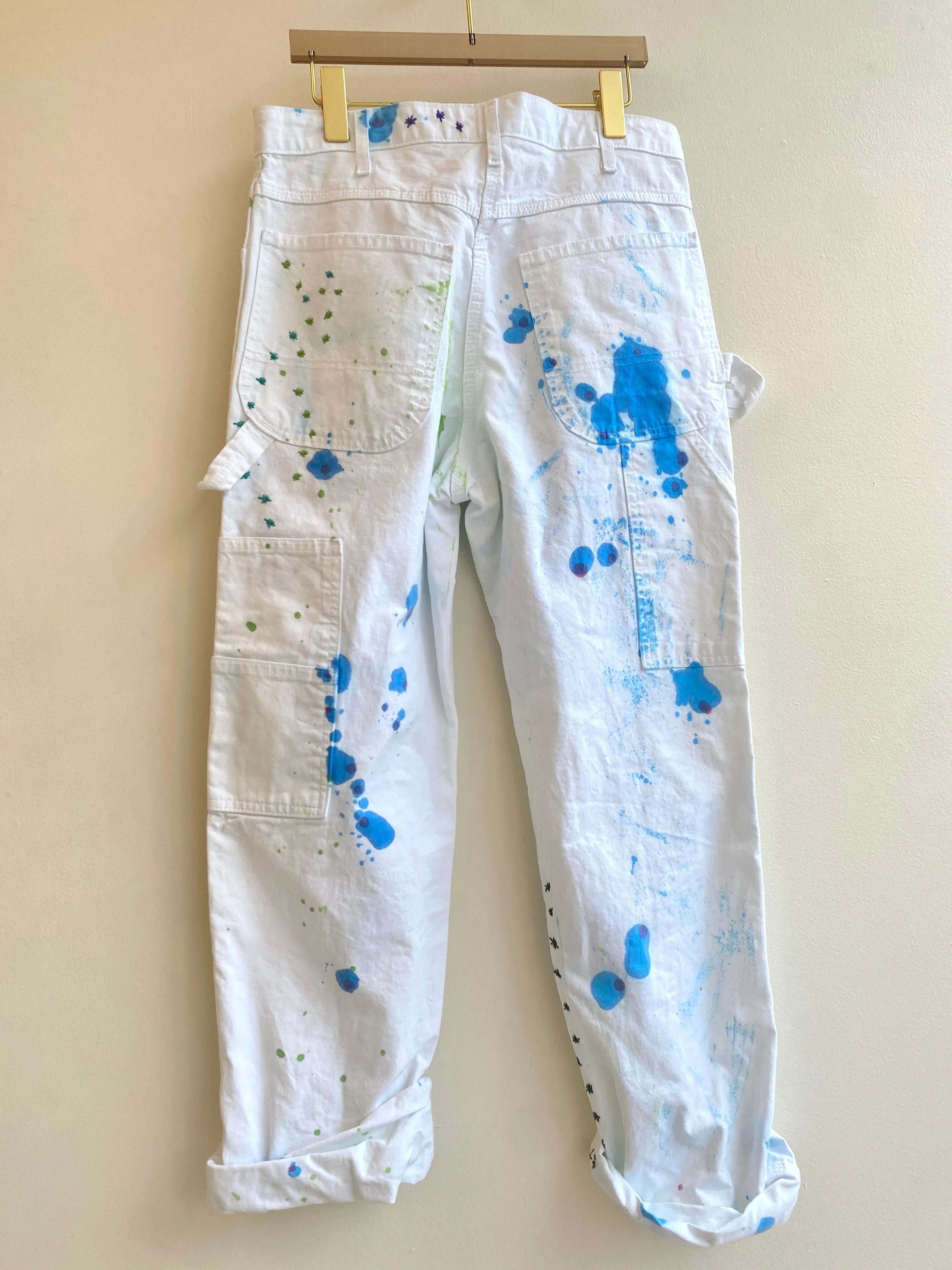 Blue, Green, Turquoise Star Embroidered Blue Lava Lamp Inspired Dyed Pants w/ Cracker Jack Charm (Reworked)