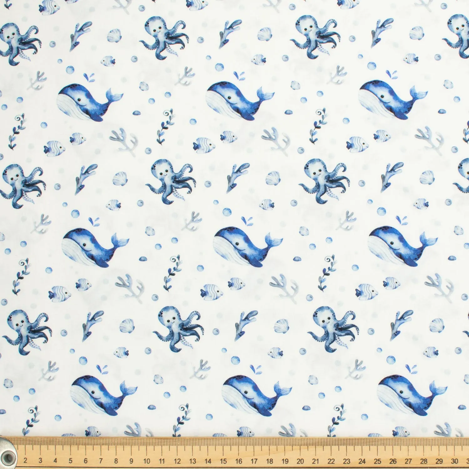 Blue Sea Collection #04 Blue Whale & Sea Life on White Cotton Prints