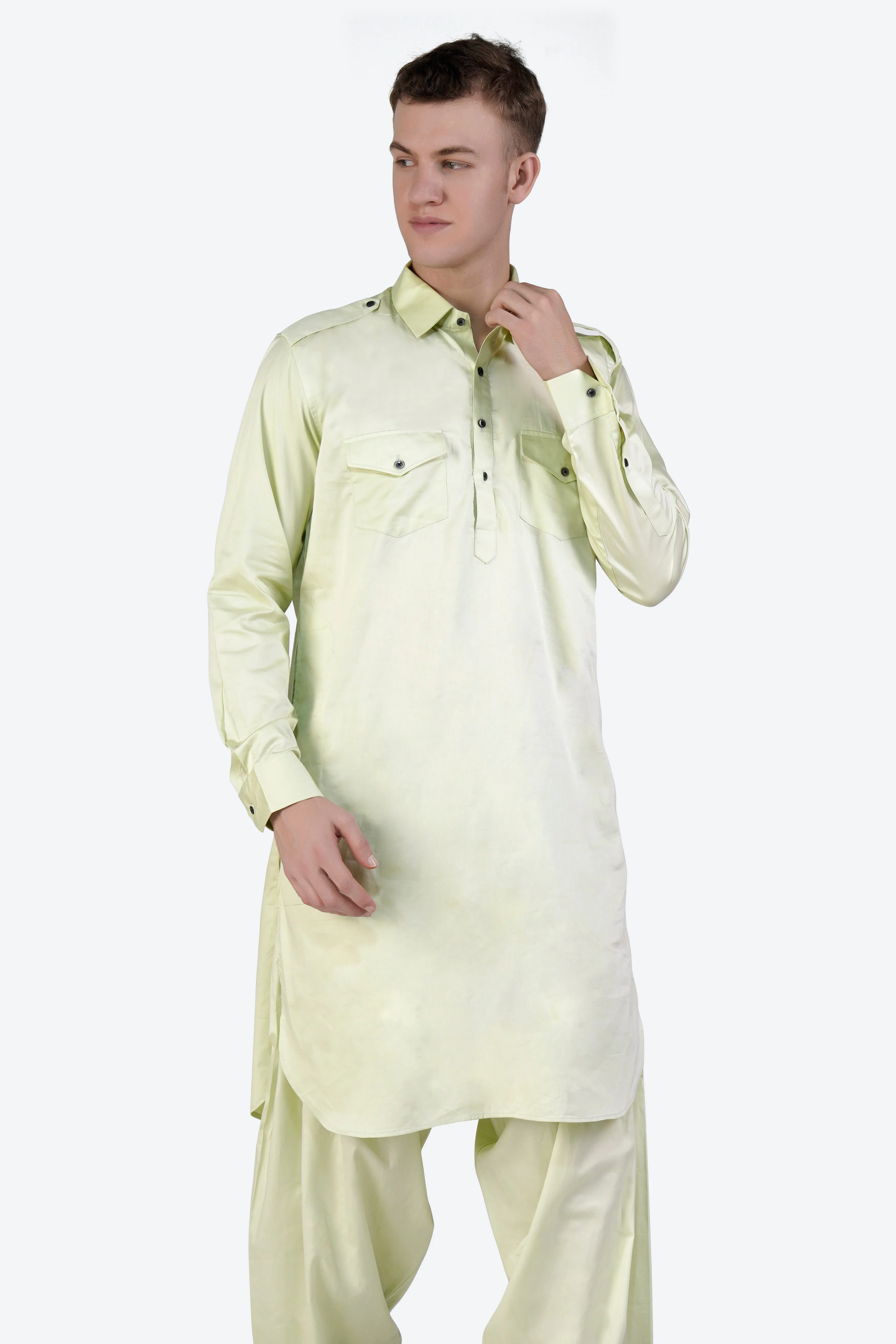 Bone Green Subtle Sheen Super Soft Premium Cotton Pathani Set