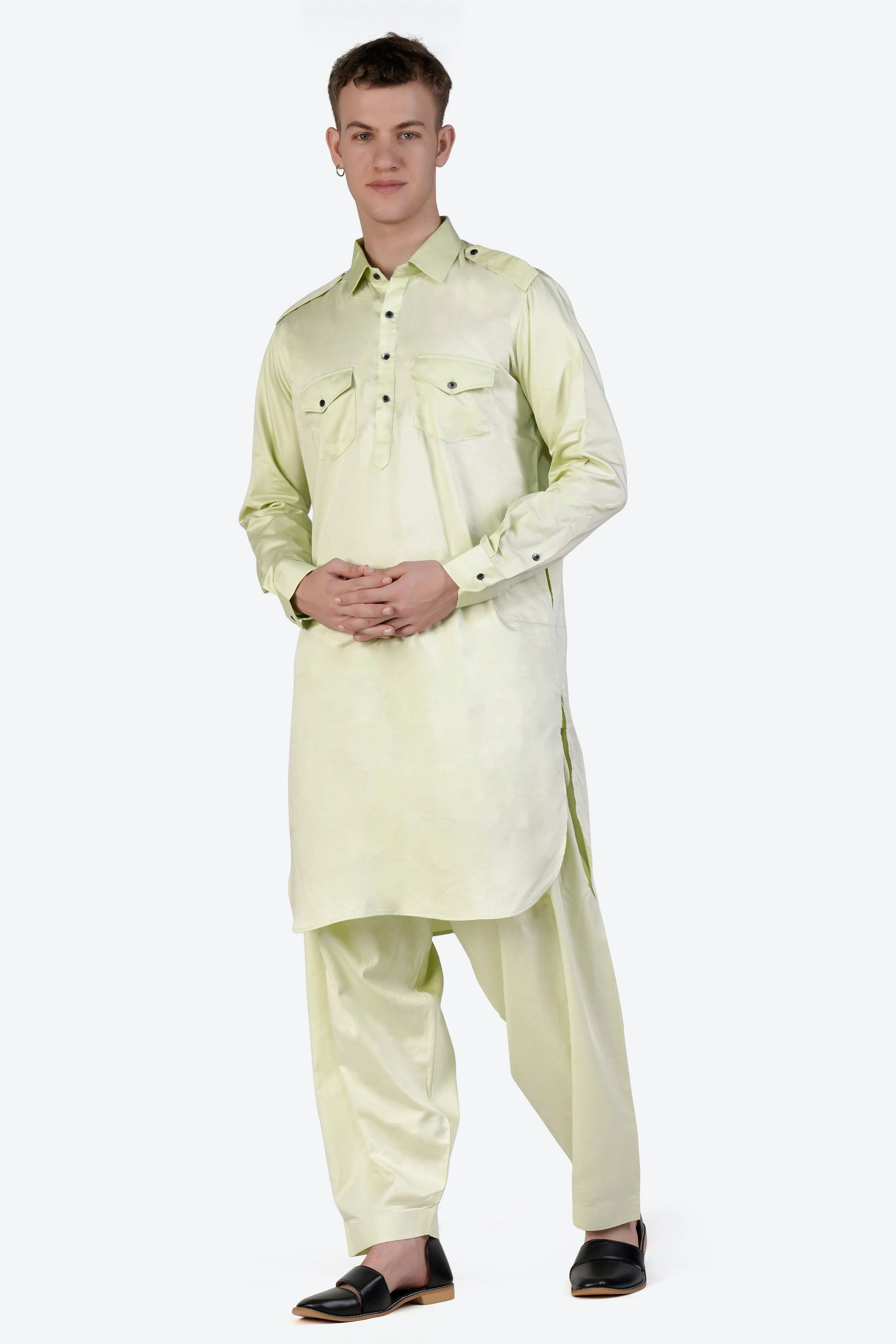 Bone Green Subtle Sheen Super Soft Premium Cotton Pathani Set