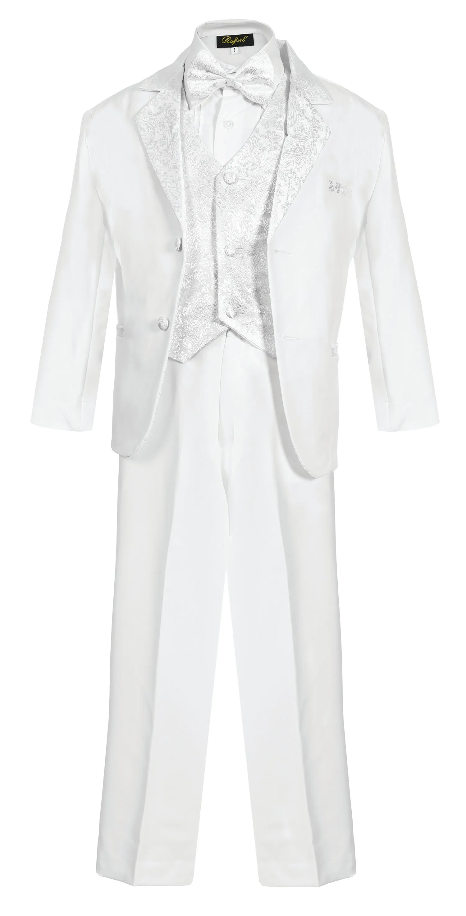 Boys Tuxedo Jacquard Shawl Lapel 5- Piece Set With Shirt And Bow Tie -White