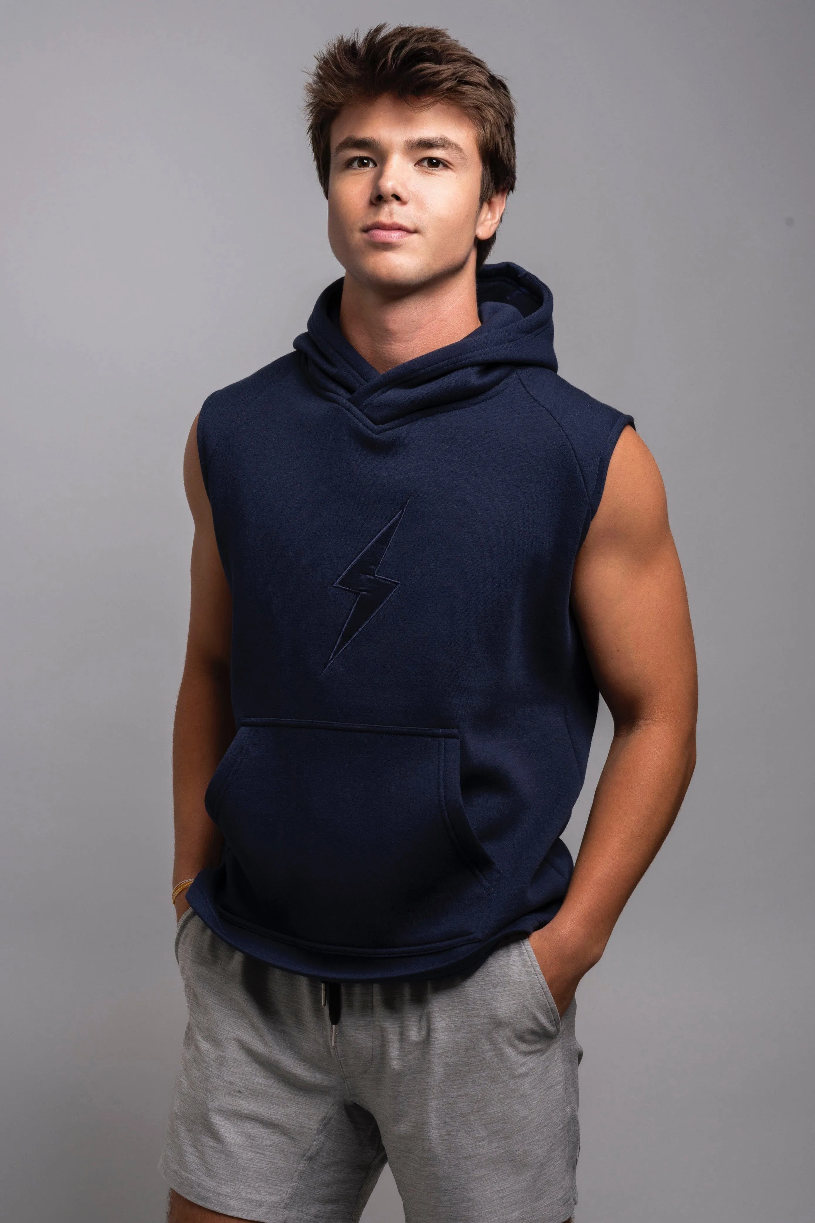 BRUCE BOLT "BOLT" Sleeveless Hoodie - NAVY w/ Navy Bolt