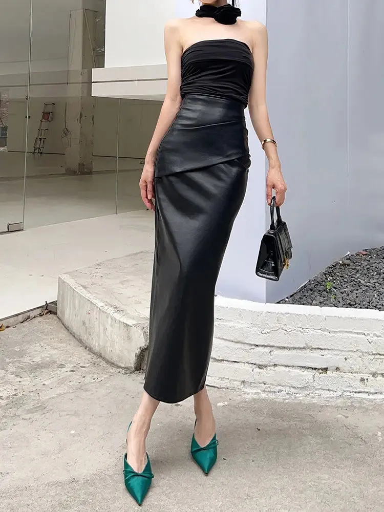 Chic High Waist Leather Midi Skirt