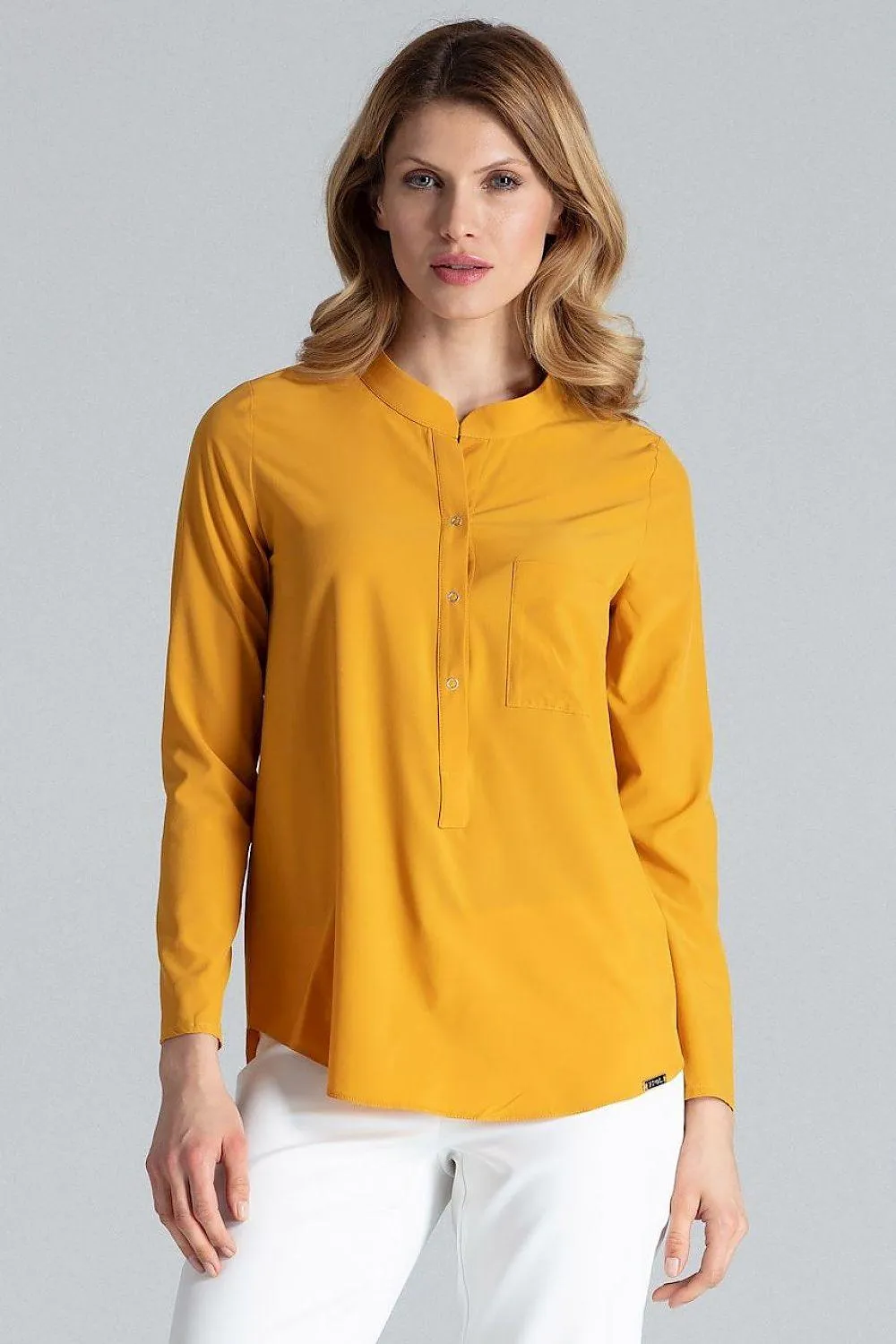 Chic Stand-Up Collar Snap Blouse for Timeless Elegance