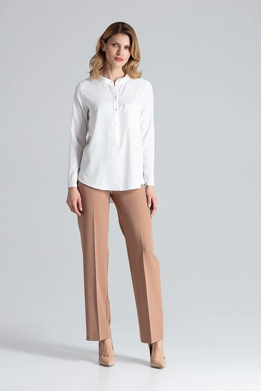 Chic Stand-Up Collar Snap Blouse for Timeless Elegance