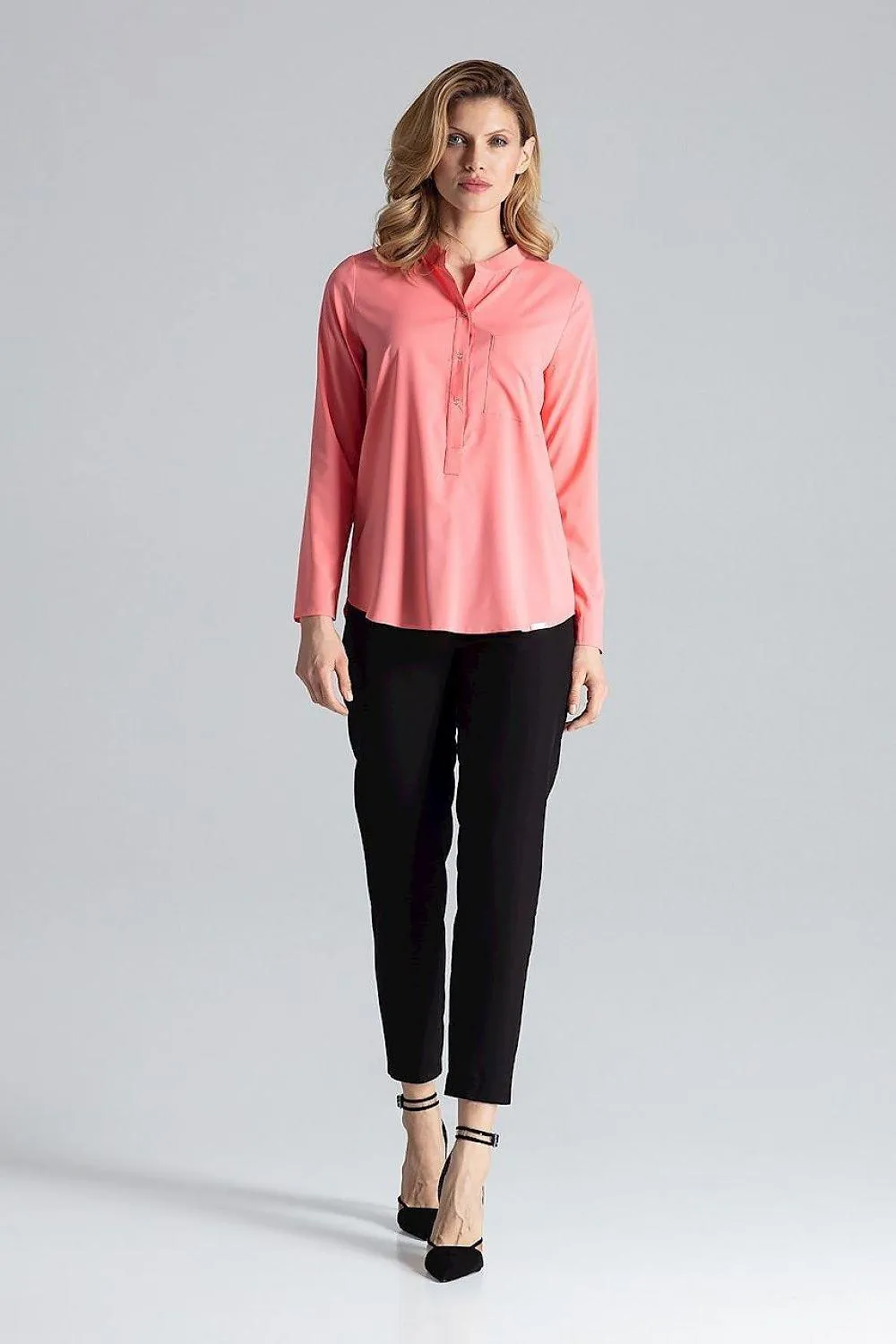 Chic Stand-Up Collar Snap Blouse for Timeless Elegance