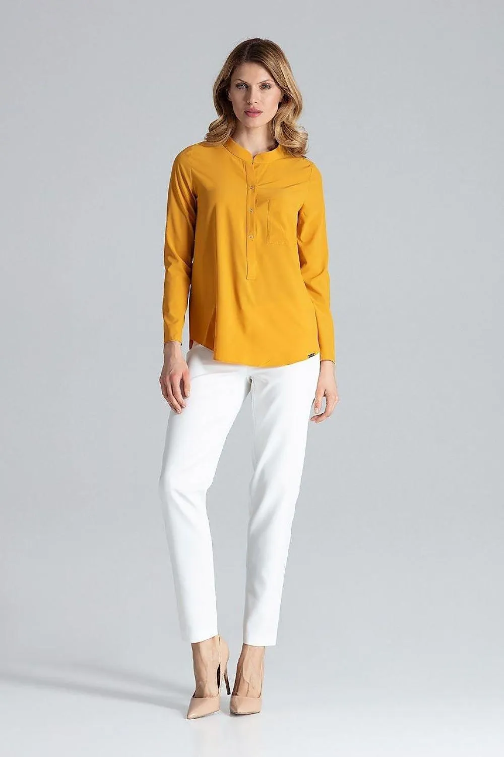 Chic Stand-Up Collar Snap Blouse for Timeless Elegance