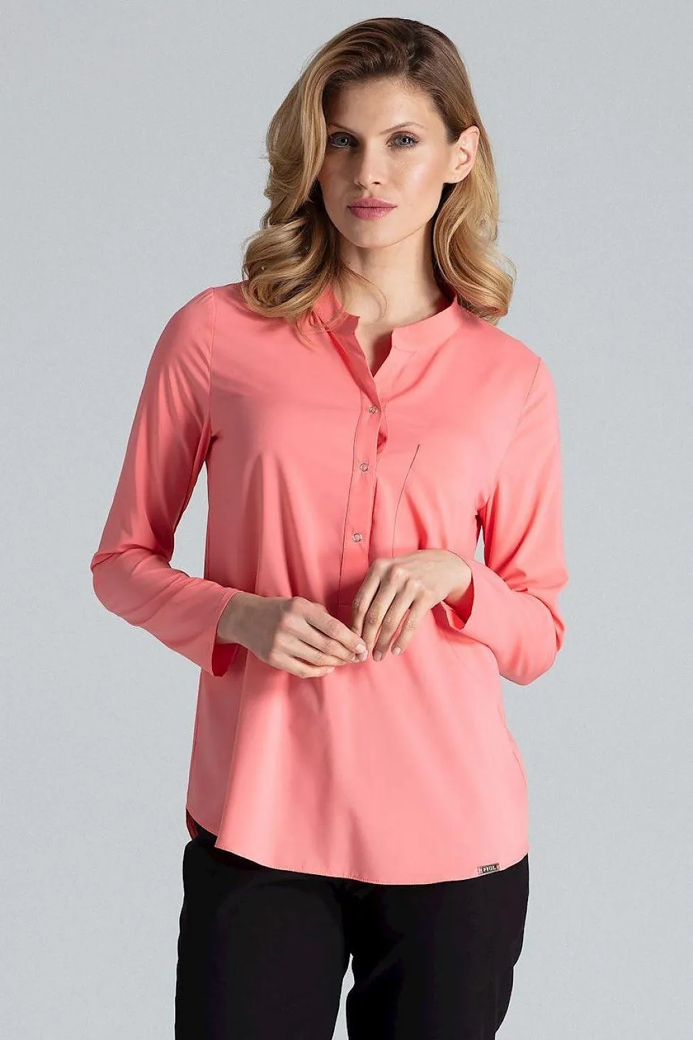 Chic Stand-Up Collar Snap Blouse for Timeless Elegance