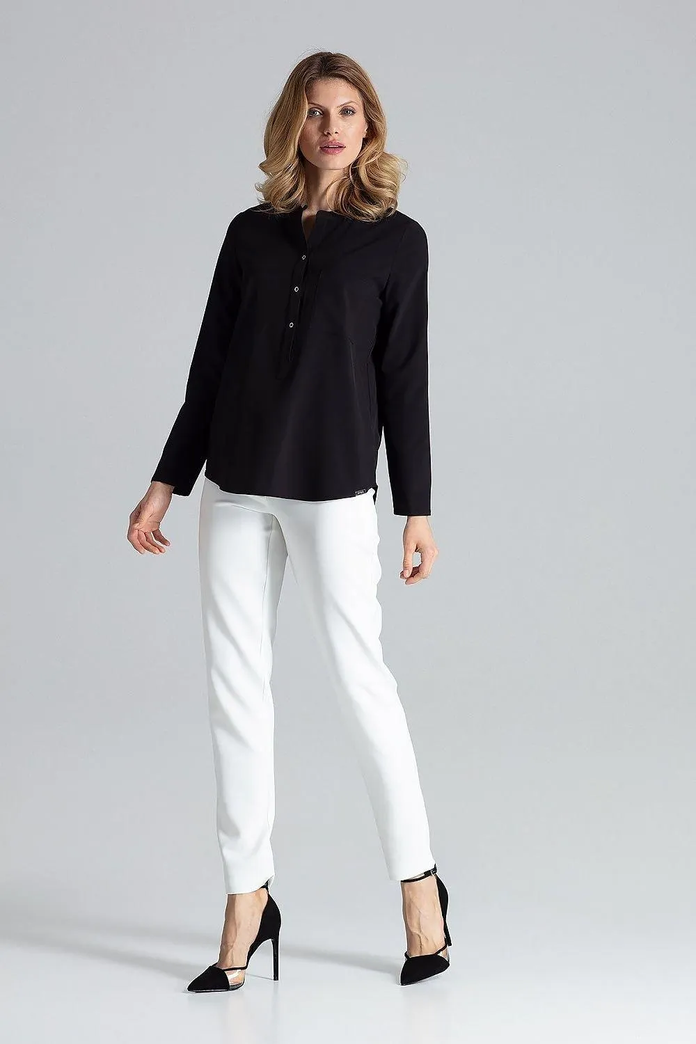 Chic Stand-Up Collar Snap Blouse for Timeless Elegance