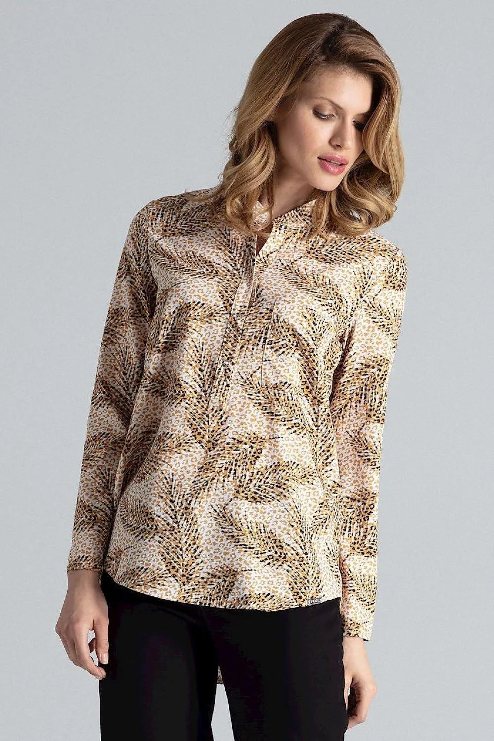 Chic Stand-Up Collar Snap Blouse for Timeless Elegance