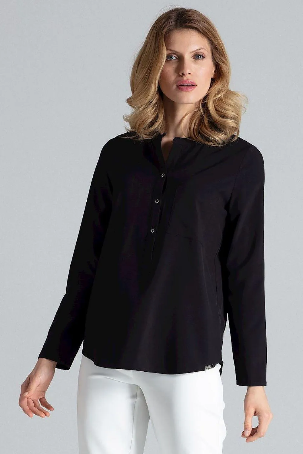 Chic Stand-Up Collar Snap Blouse for Timeless Elegance