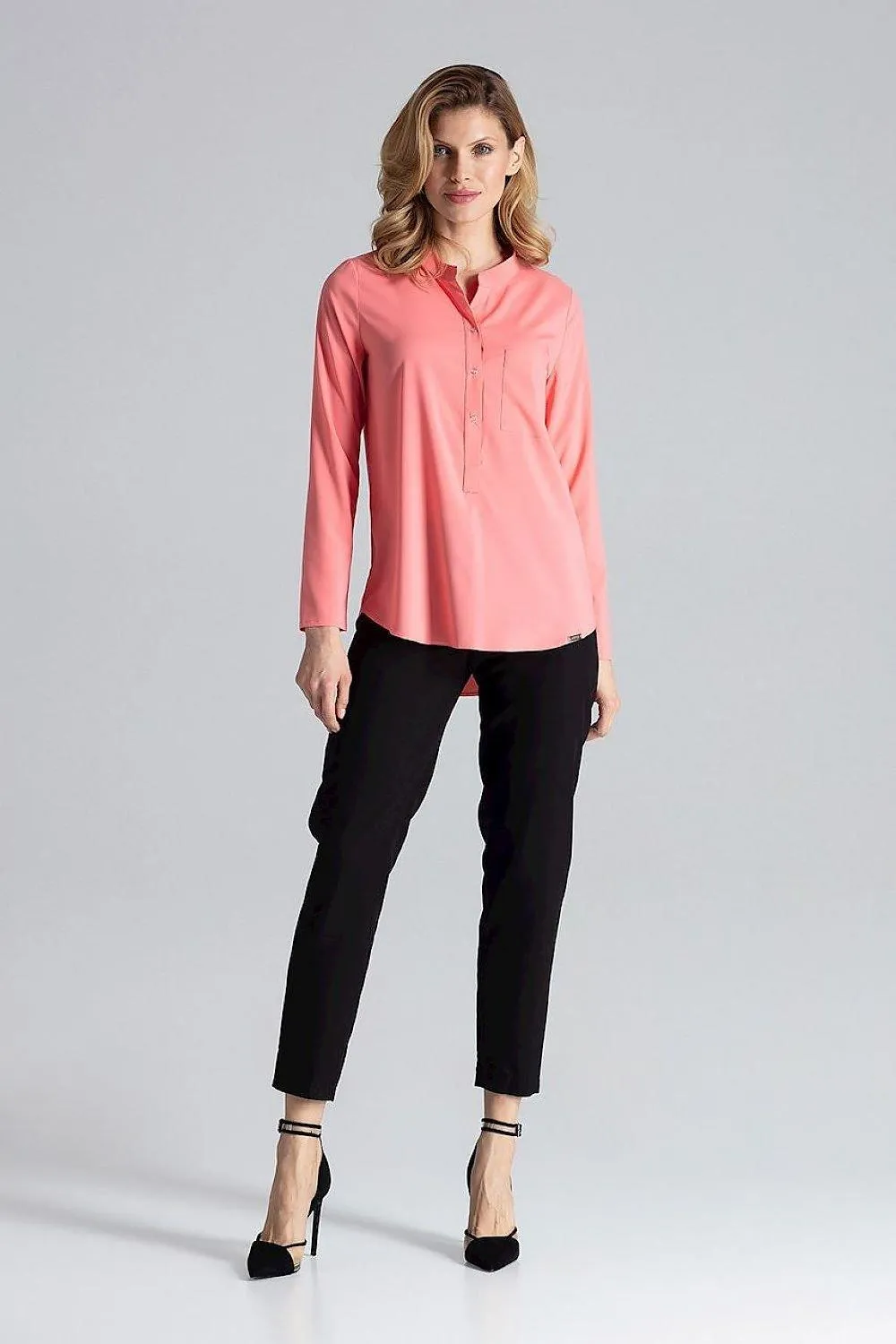 Chic Stand-Up Collar Snap Blouse for Timeless Elegance