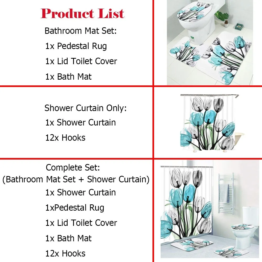 Colorful Tulip Flowers Shower Curtain Sets with Non-Slip Rugs Toilet Lid Cover and Bath Mat Waterproof Shower Curtain Set