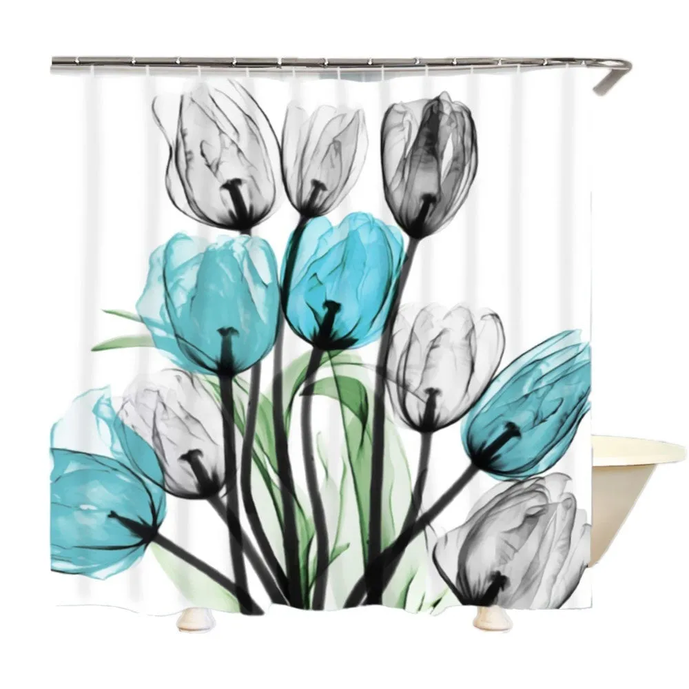 Colorful Tulip Flowers Shower Curtain Sets with Non-Slip Rugs Toilet Lid Cover and Bath Mat Waterproof Shower Curtain Set