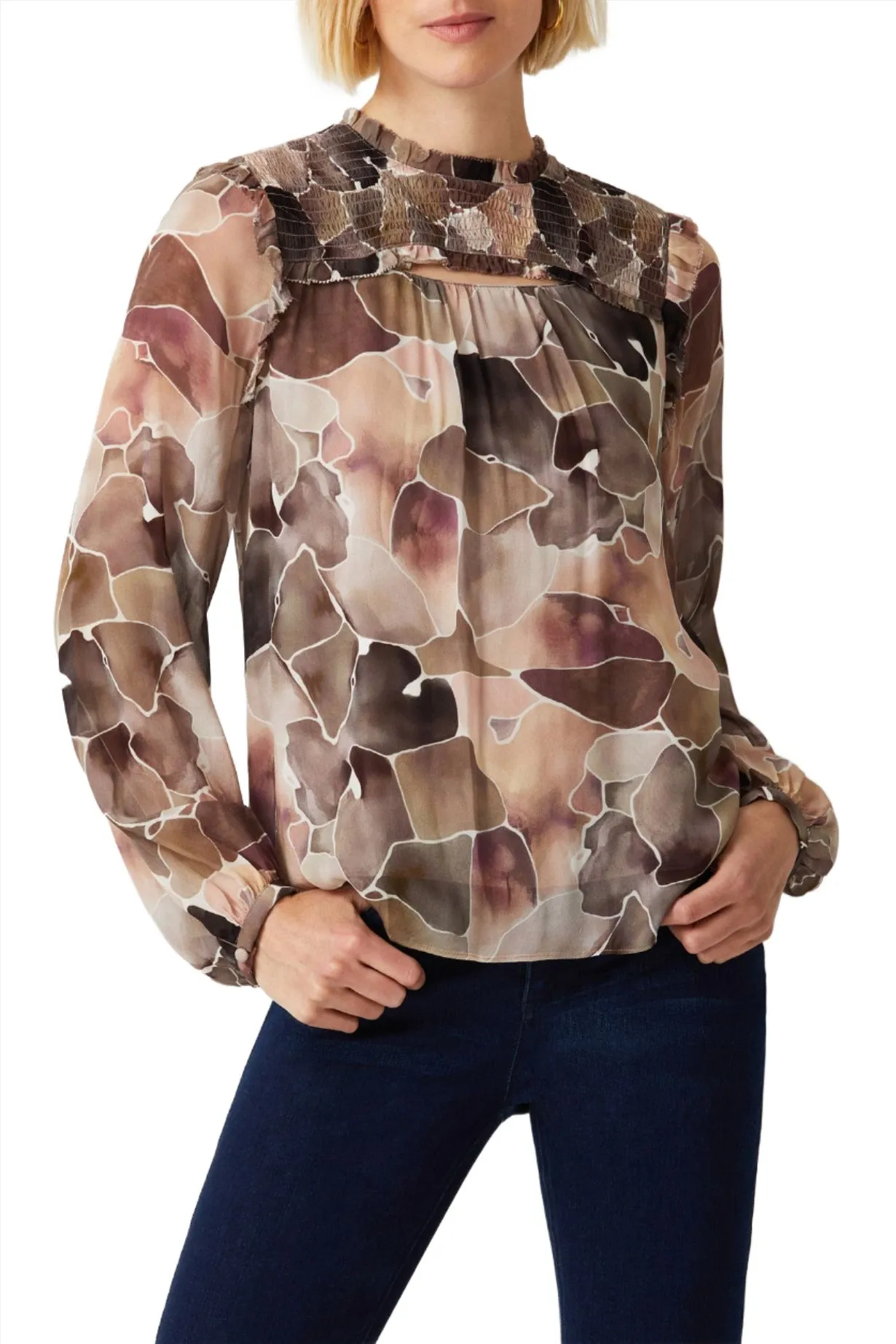 Ecru Designs High Neck Long Sleeve Multi Print Viscose Top