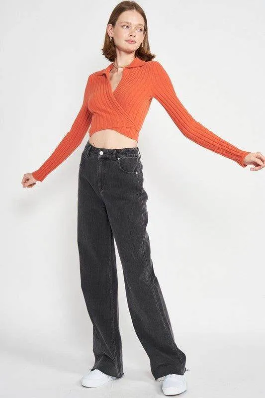 Emory Park | Collared Long Sleeve Crop Top