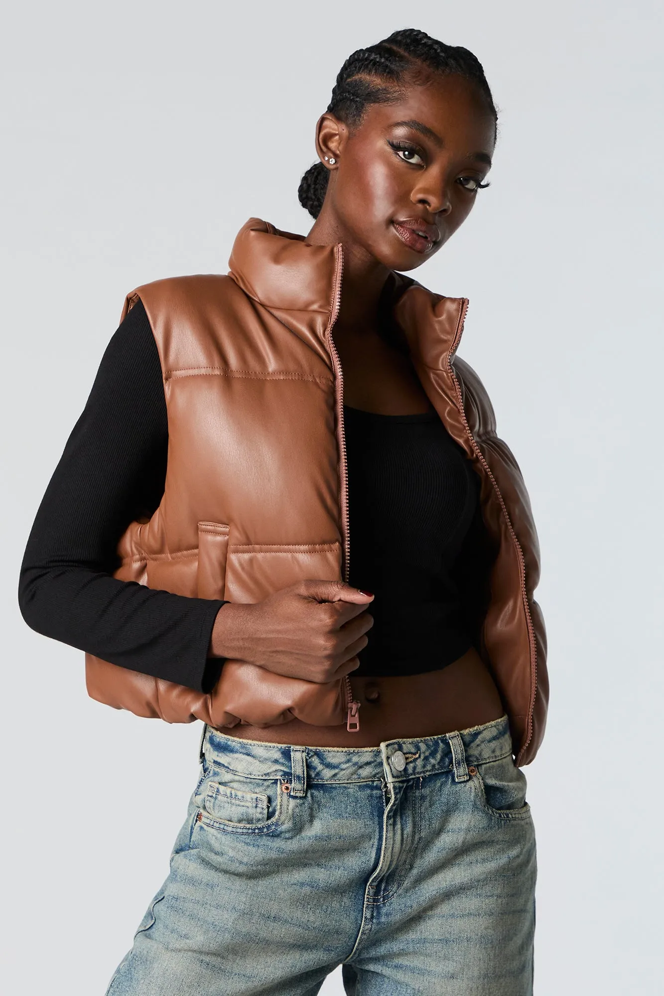 Faux Leather Cropped Puffer Vest