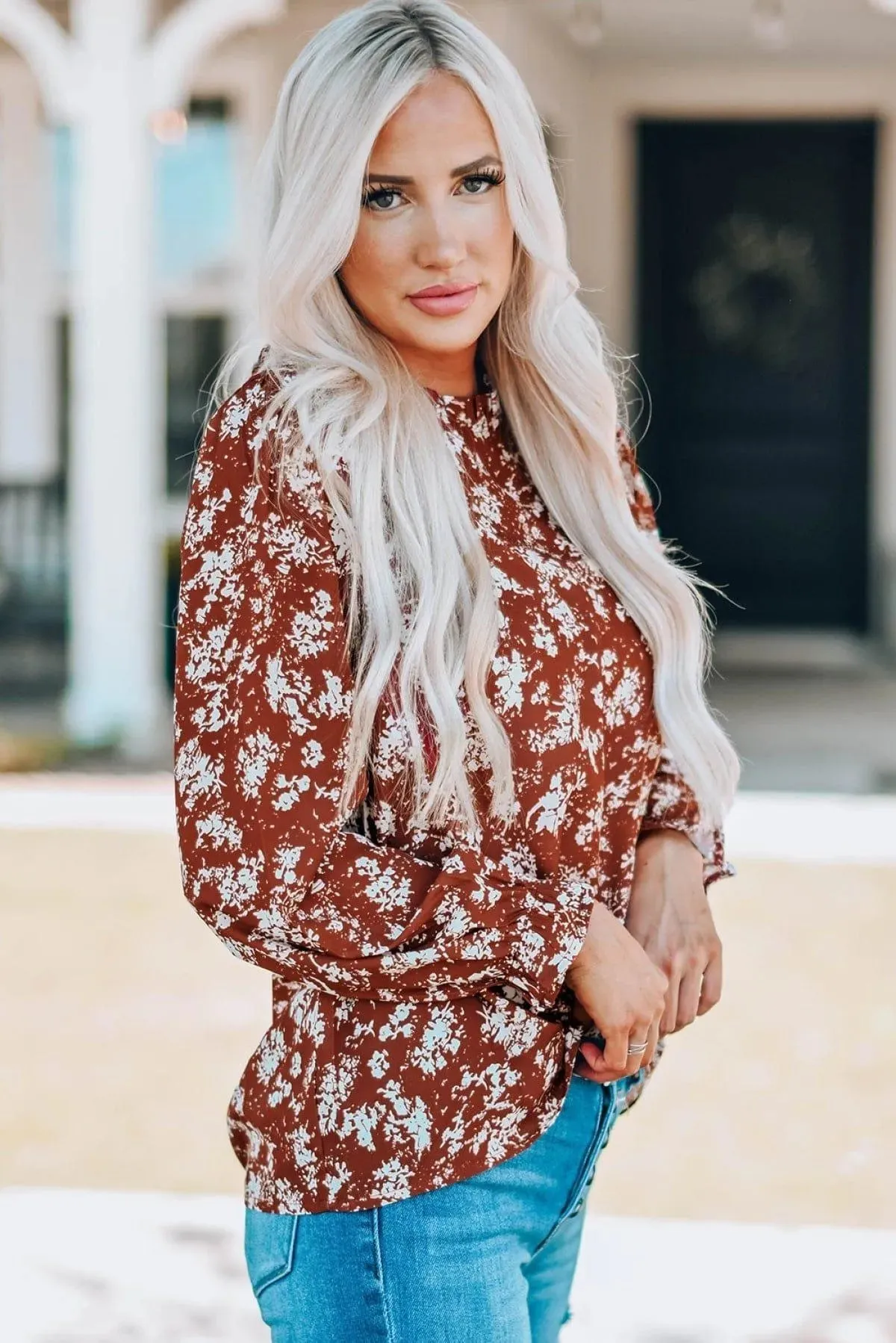 Floral Print Ruffled Crew Neck Long Sleeve Blouse