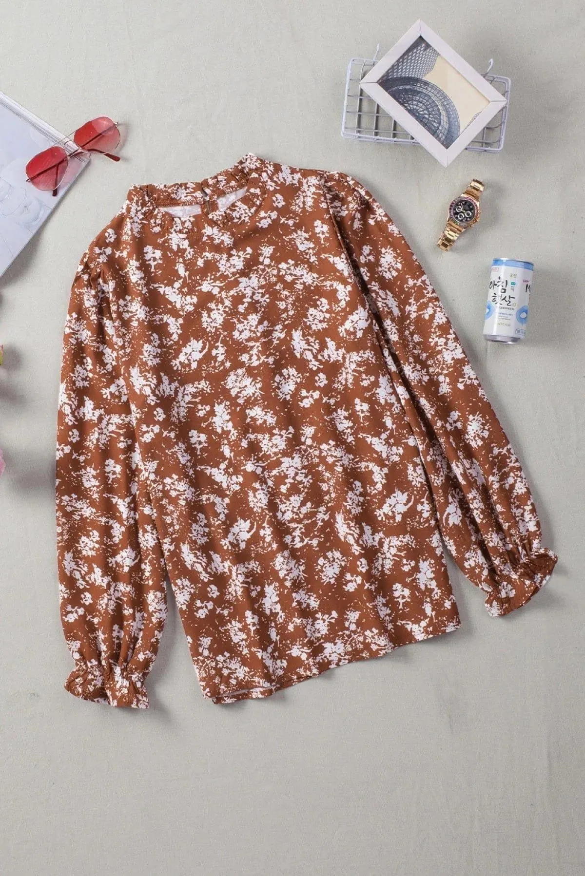 Floral Print Ruffled Crew Neck Long Sleeve Blouse