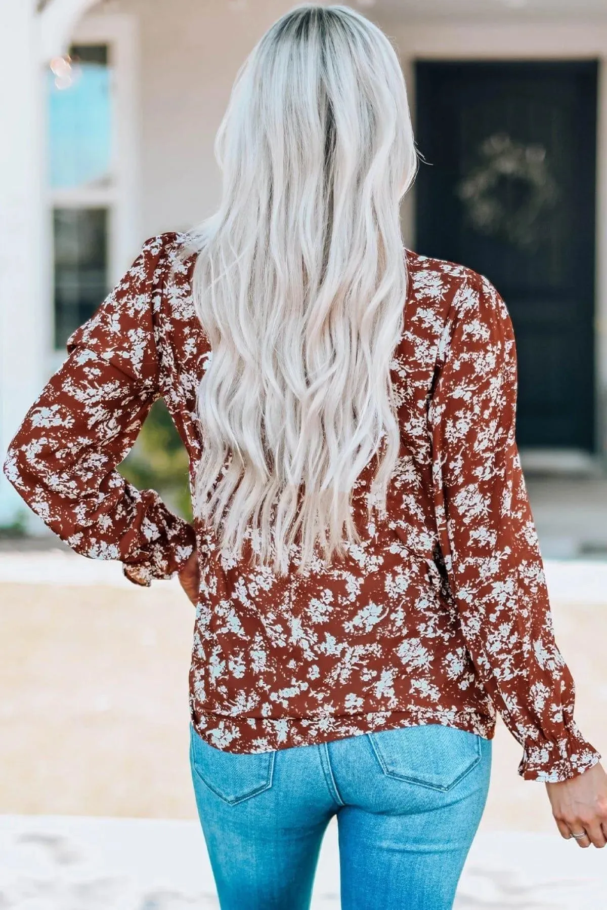 Floral Print Ruffled Crew Neck Long Sleeve Blouse