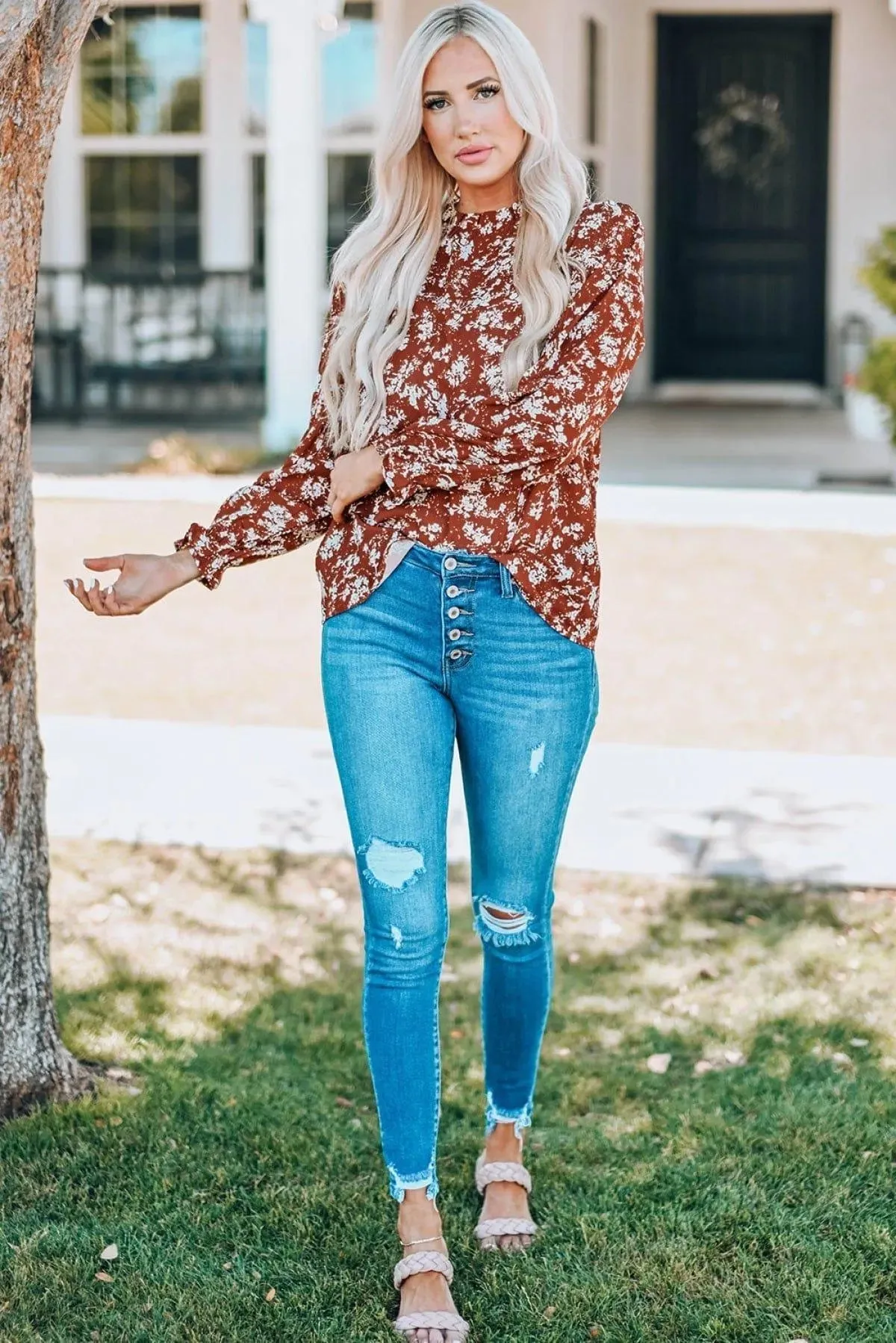 Floral Print Ruffled Crew Neck Long Sleeve Blouse