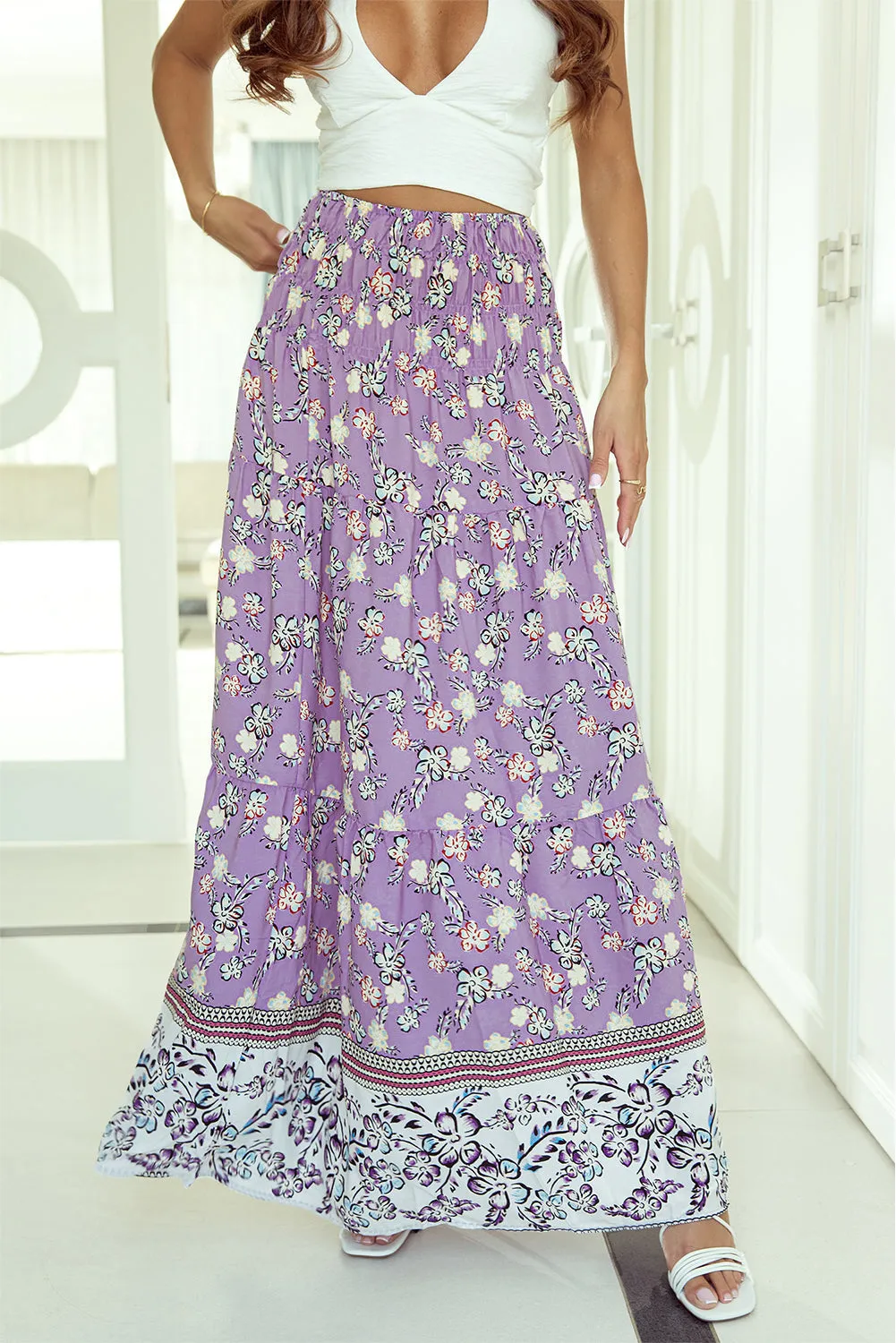 Floral Shirred High Waist Maxi Skirt