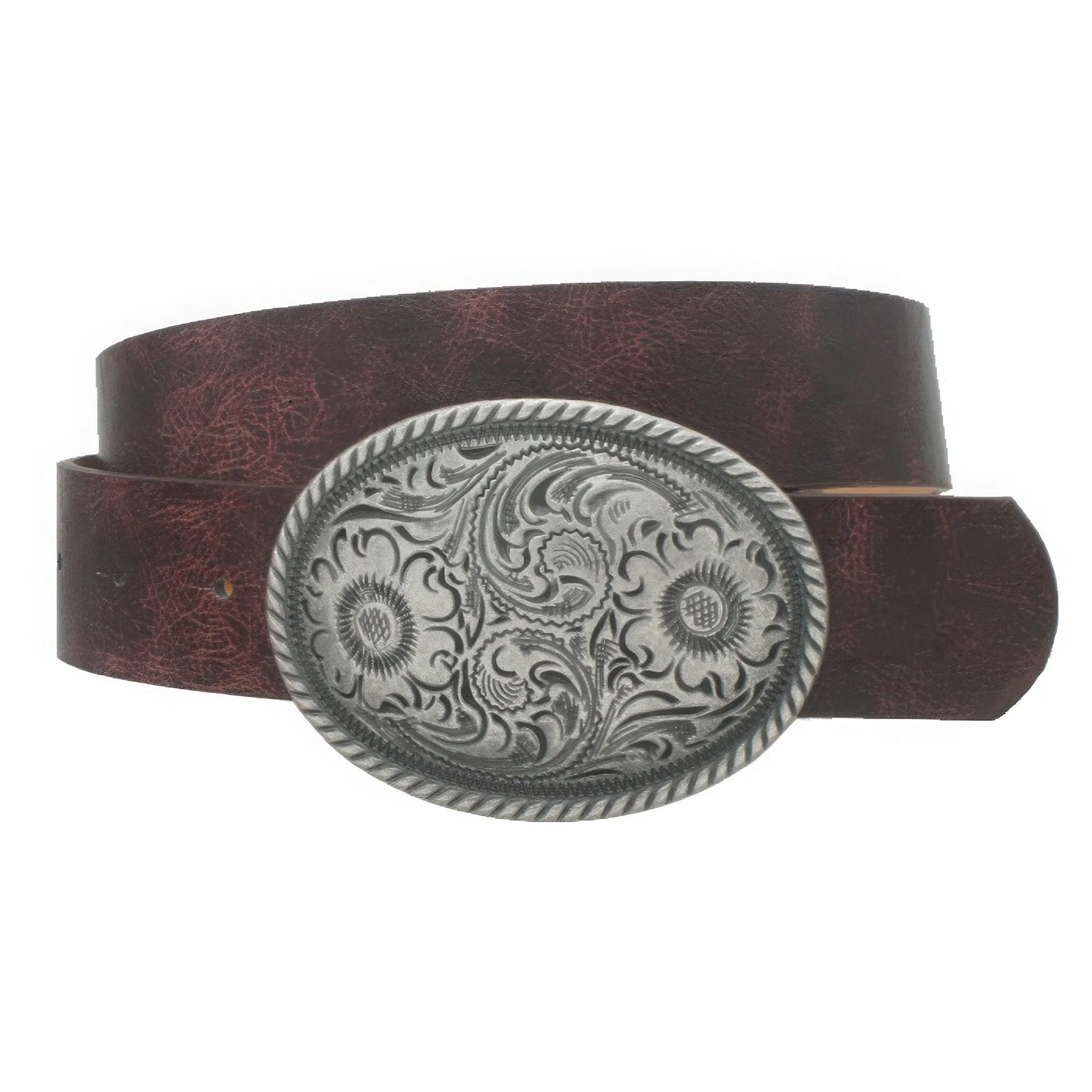 Flower Embossed Oval Buckle Vintage Strap Belt