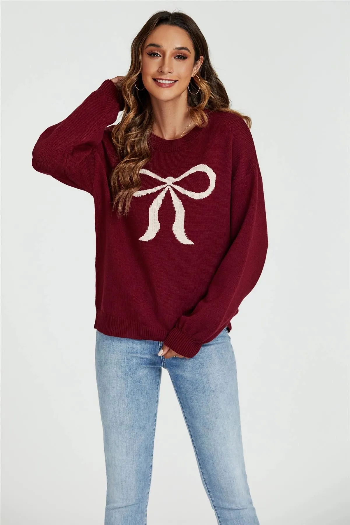 FS Collection Burgundy Red Bow Jumper