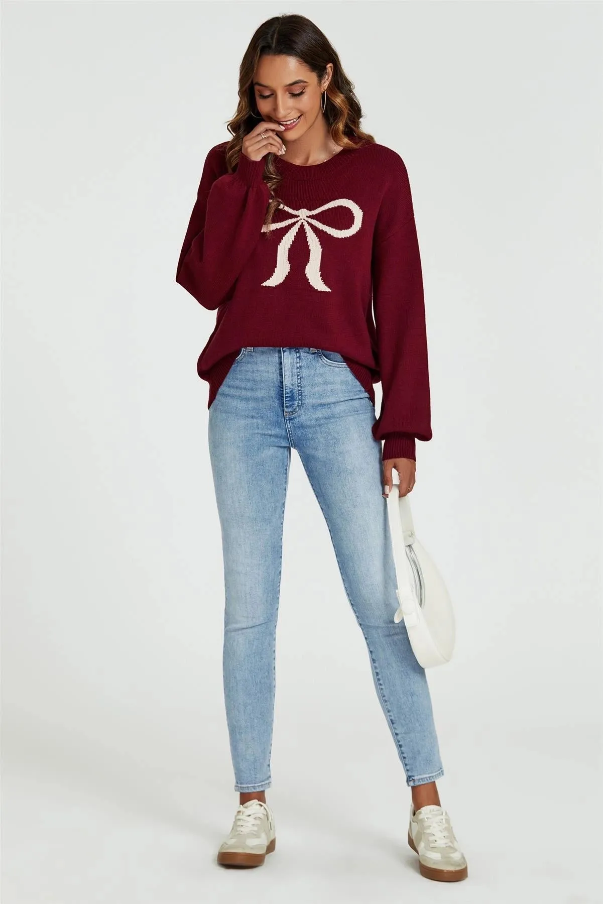 FS Collection Burgundy Red Bow Jumper