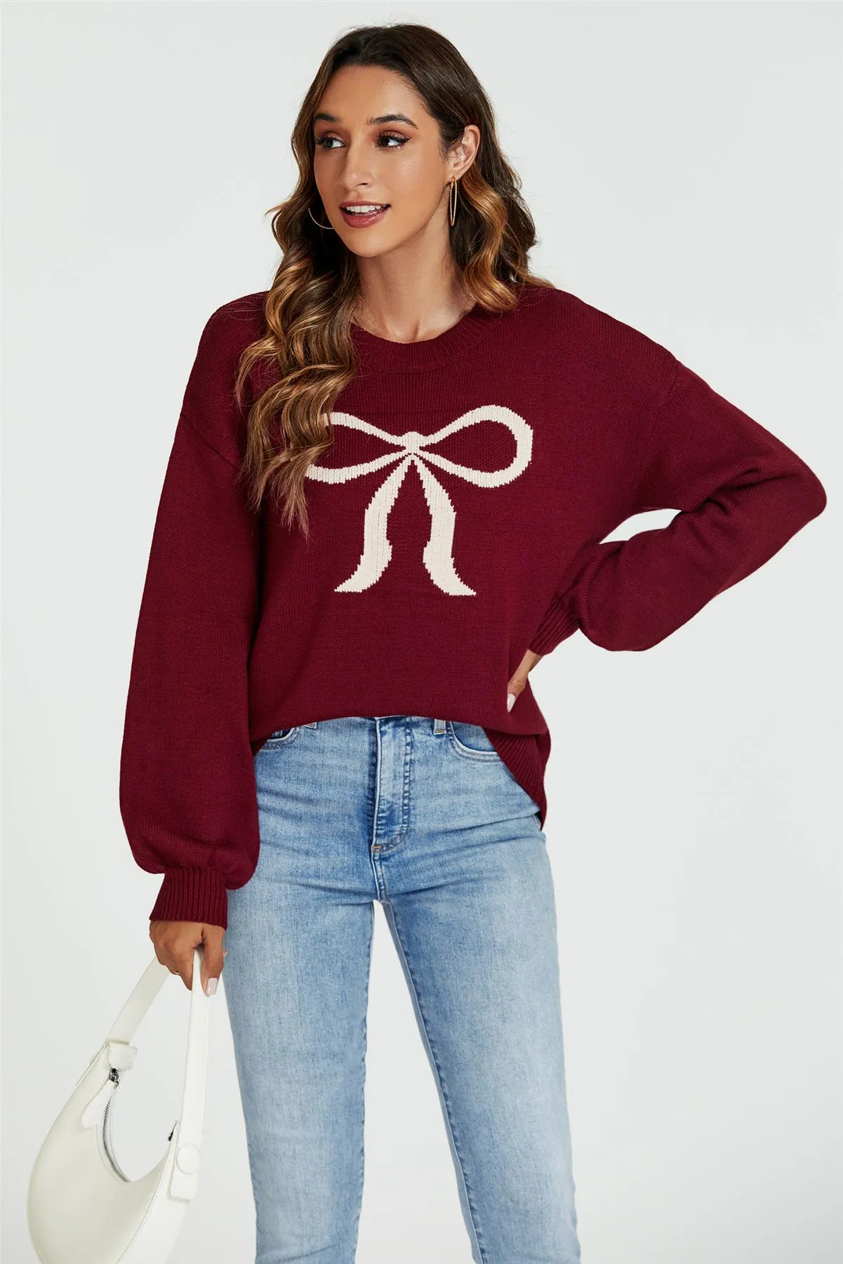 FS Collection Burgundy Red Bow Jumper