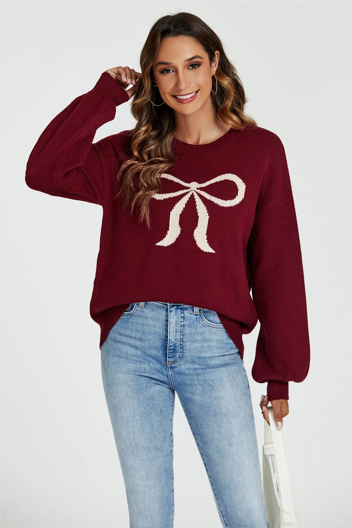 FS Collection Burgundy Red Bow Jumper