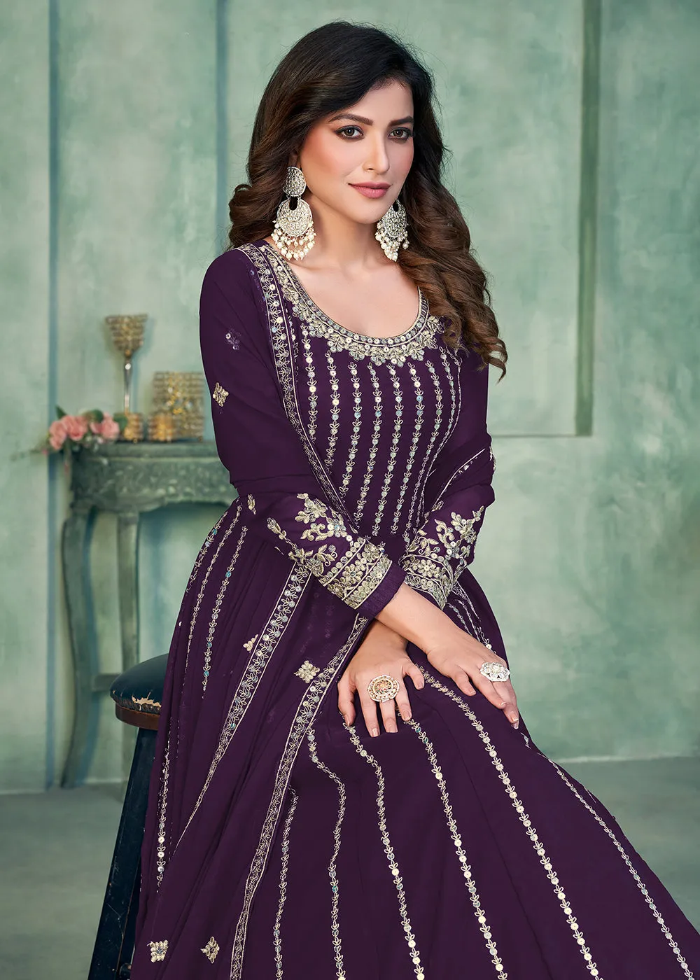 Georgette Fabric Purple Embroidered Wedding Party Anarkali Suit