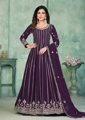 Georgette Fabric Purple Embroidered Wedding Party Anarkali Suit