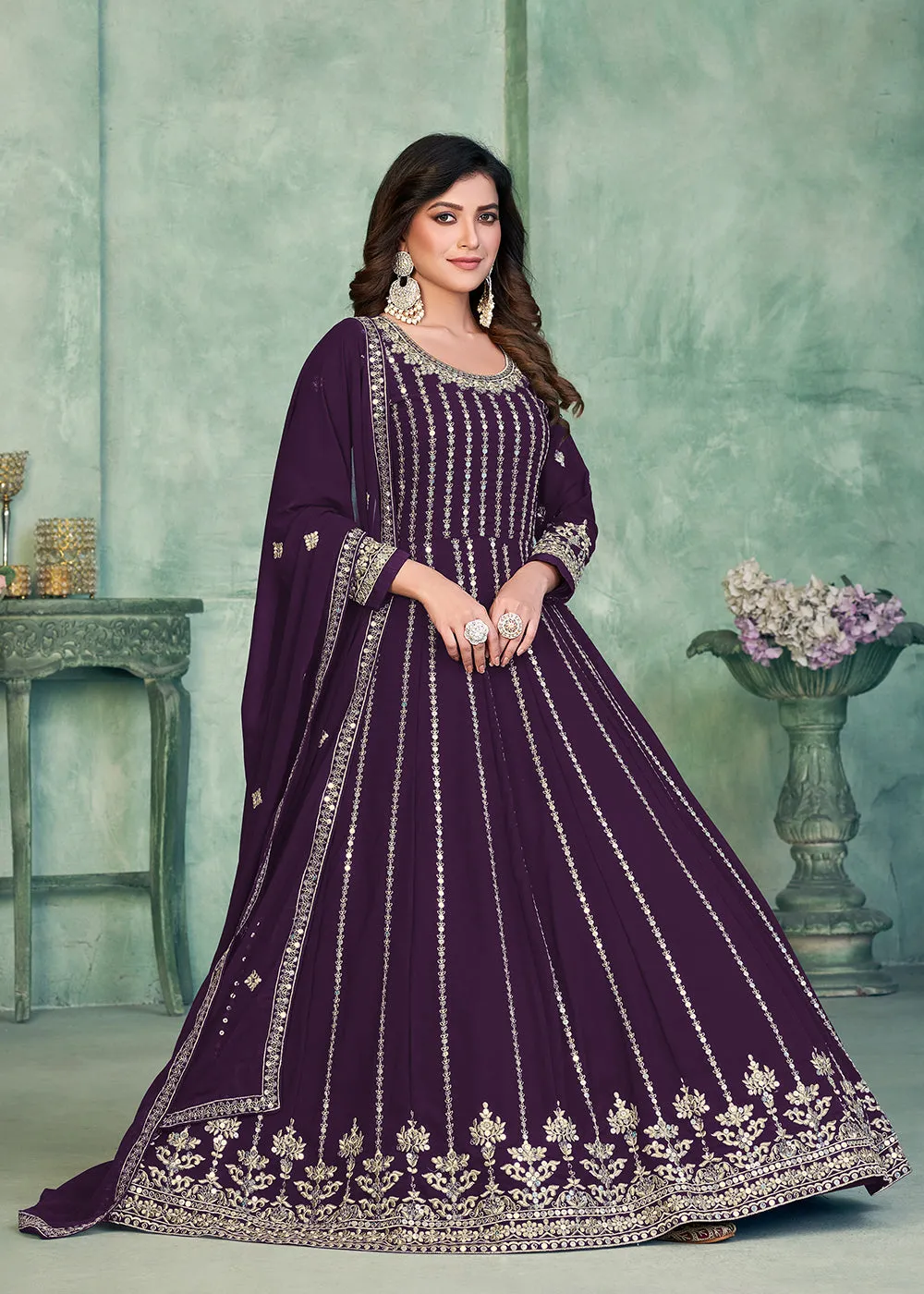 Georgette Fabric Purple Embroidered Wedding Party Anarkali Suit