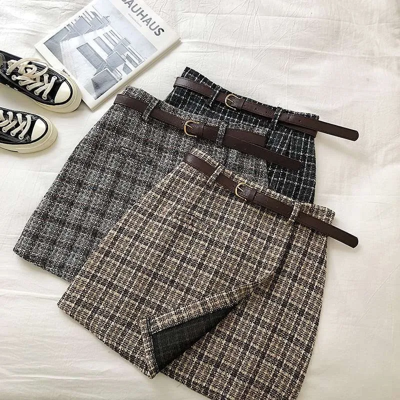 High Waist A-line Mini Skirt Vintage Casual Women Plaid Skirt Chic Sashes Korean style Lady Skirt Female Autumn Sweet