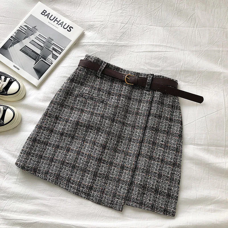 High Waist A-line Mini Skirt Vintage Casual Women Plaid Skirt Chic Sashes Korean style Lady Skirt Female Autumn Sweet