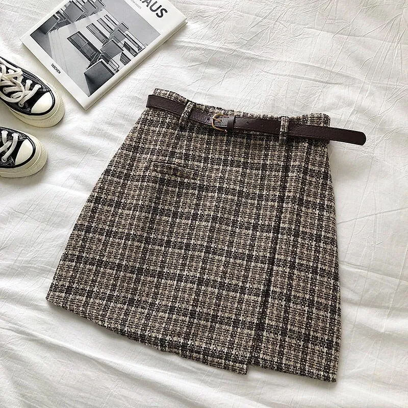 High Waist A-line Mini Skirt Vintage Casual Women Plaid Skirt Chic Sashes Korean style Lady Skirt Female Autumn Sweet