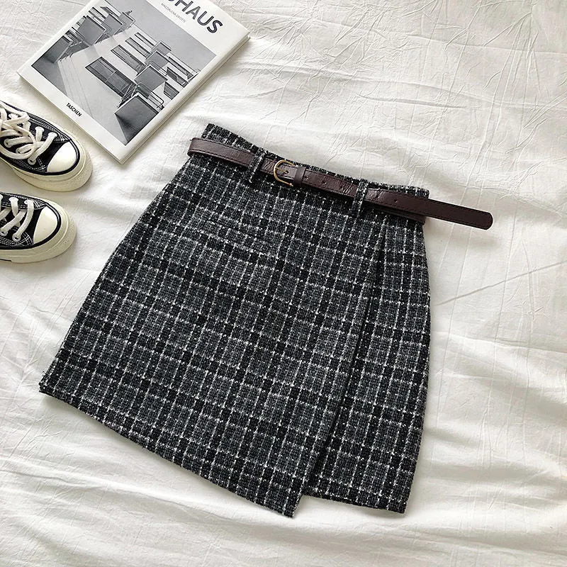 High Waist A-line Mini Skirt Vintage Casual Women Plaid Skirt Chic Sashes Korean style Lady Skirt Female Autumn Sweet