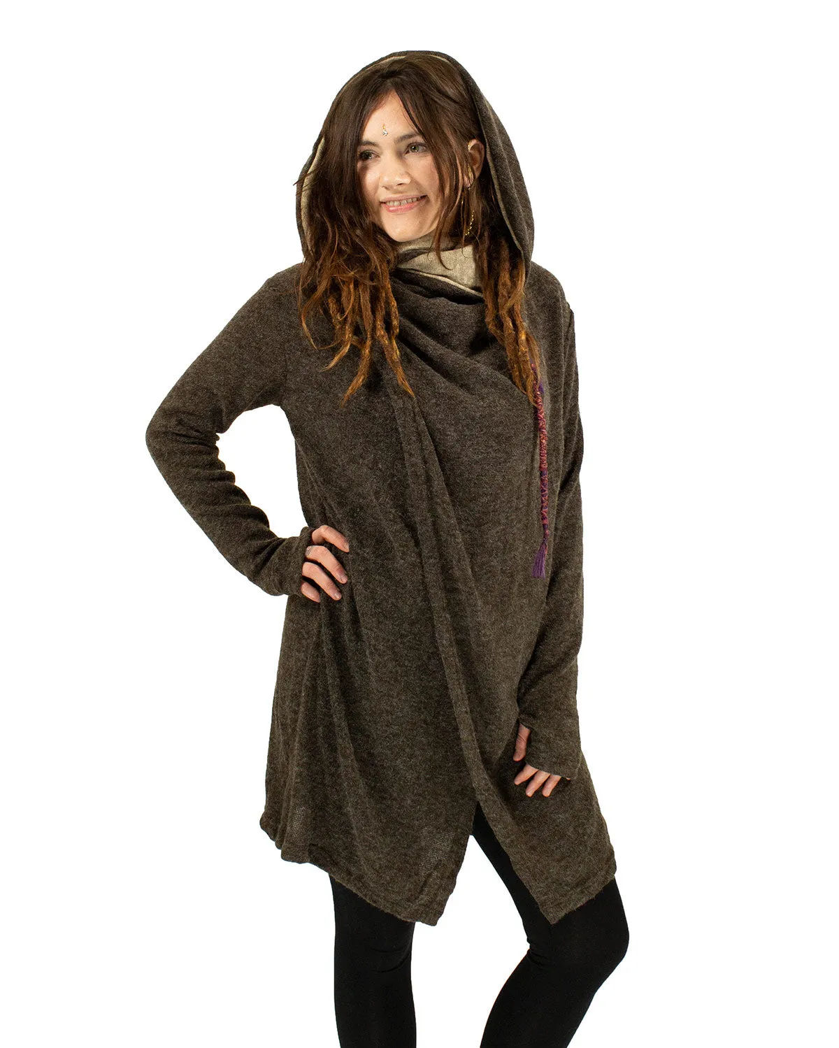 HOODED LONG CARDIGAN JACKET BROWN