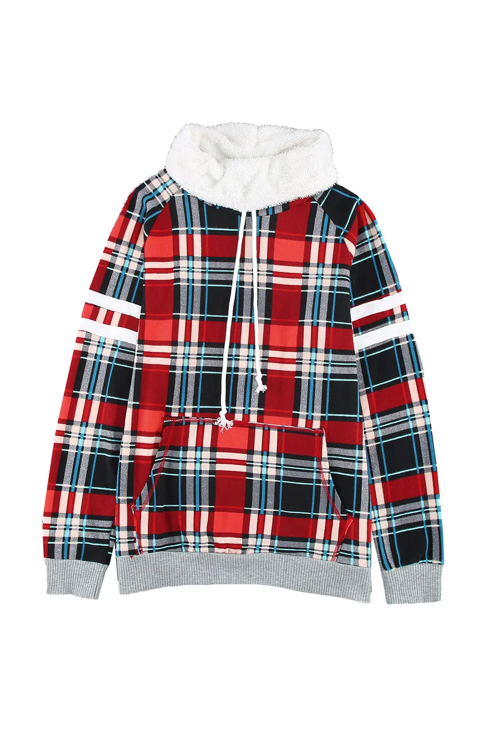 Hoodies for Women Buffalo Plaid Print Sherpa Patchwork High Neck Drawstring Sweatshirt