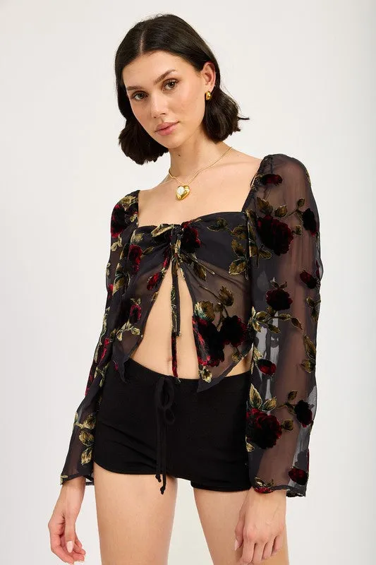 Hot Girl Evening Floral Flyaway Long Sleeve Top In Black