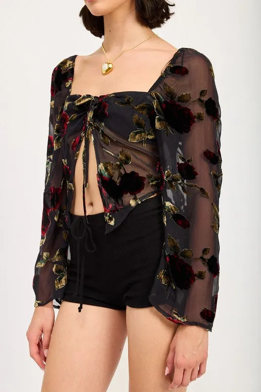 Hot Girl Evening Floral Flyaway Long Sleeve Top In Black